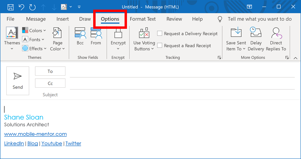 Figure 1- New email with the Options tab selected