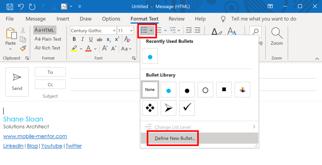 Figure 2 – Bullet List dropdown with Define New Bullet… highlighted