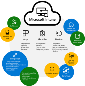 Inforgraphic displaying the unique components of Microsoft Intune