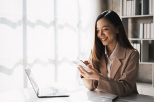 Woman managing devices