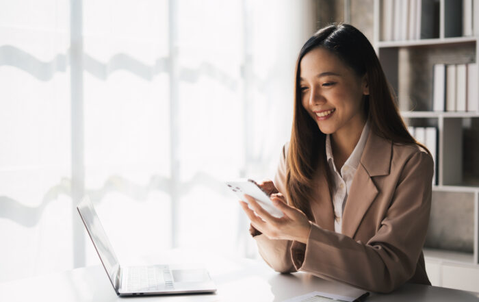 Woman managing devices